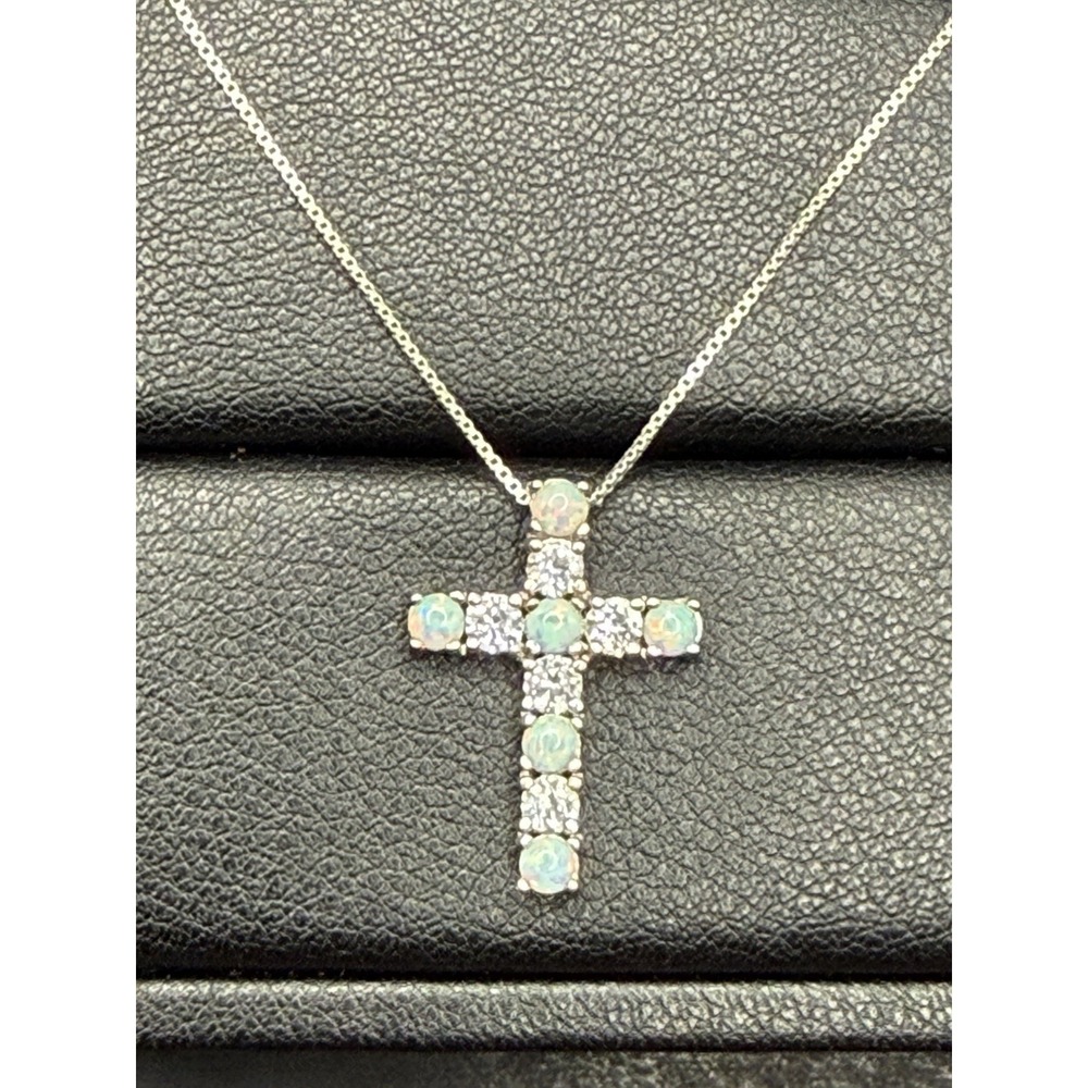 Vintage Sterling Silver Opal White Sapphire Cross Pendant Necklace J16